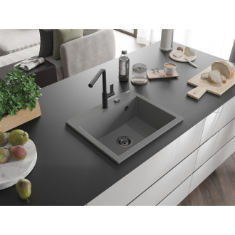 Mexen Oscar 1miskový granitový drez 580 x 490 mm, sivý, čierny sifón - 6519581000-71-B