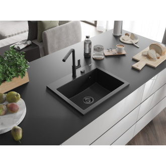 Mexen Oscar 1miskový granitový drez 580 x 490 mm, čierny, čierny sifón - 6519581000-77-B