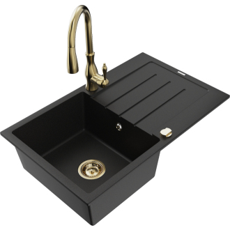 Mexen Bruno 1-miskový granitový drez s odkvapkávačom a kuchynskou batériou Savita, čierna - 6513-77-672601-50