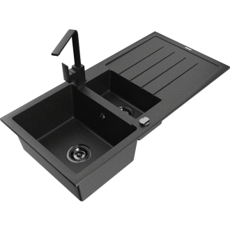 Mexen Andres 1,5-miskový granitový drez s odkvapkávačom a kuchynskou batériou Rita, čierna/strieborná - 6515-73-670300-70-B