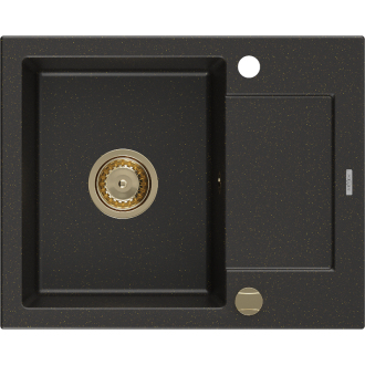 Mexen Enzo 1miskový granitový drez s odkvapkávačom 576 x 465 mm, čierna / zlatá metalíza, zlatý sifón - 6506571005-75-G