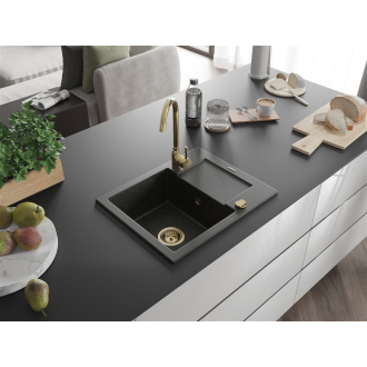 Mexen Enzo 1miskový granitový drez s odkvapkávačom 576 x 465 mm, čierna / zlatá metalíza, zlatý sifón - 6506571005-75-G