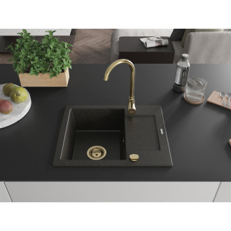 Mexen Enzo 1miskový granitový drez s odkvapkávačom 576 x 465 mm, čierna / zlatá metalíza, zlatý sifón - 6506571005-75-G