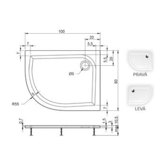 Teiko VIRGO Sprchová vanička 100x80x3, liaty mramor pravá biela