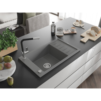 Mexen Elias 1-miskový granit drez s odkvapom a batériou Flora, šedá 6511-71-670401-07