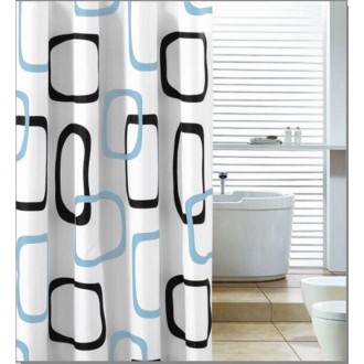 Sprchový záves 180x200cm, polyester, biela/čierna/modrá