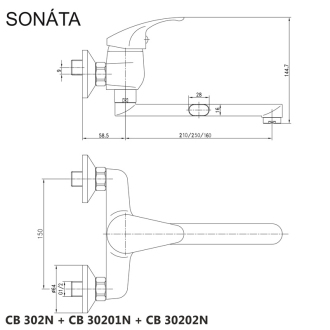 Mereo Sonáta drezová batéria nástenná 150 mm s ramienkom plochým rovným 210 mm M-CB302N