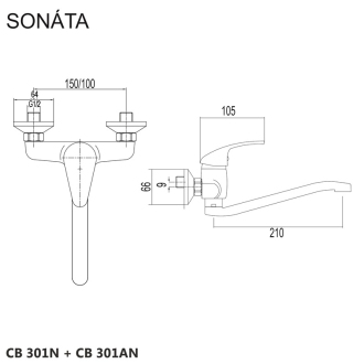Mereo Sonáta drezová batéria nástenná 100 mm s ramienkom plochým vyhnutým 210 mm M-CB301AN