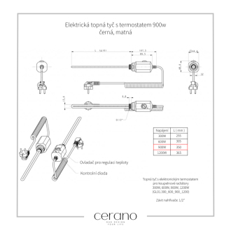 CERANO - Elektrická vykurovacia tyč s termostatom 900W - čierna matná