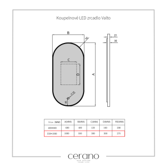 CERANO - Kúpeľňové LED zrkadlo Valto, kovový rám - čierna matná - 55x100 cm