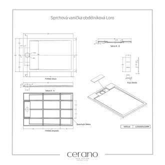 CERANO Sprchová vanička z liateho mramoru obdĺžniková Loro biela matná 120x80 cm CER-413609