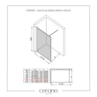 CERANO Sprchová zástena Walk-in Moreli L/P čierna matná, transp.sklo 110x200 cm CER-417617