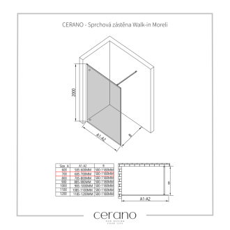 CERANO Sprchová zástena Walk-in Moreli L/P čierna matná, transp.sklo 70x200 cm CER-417602