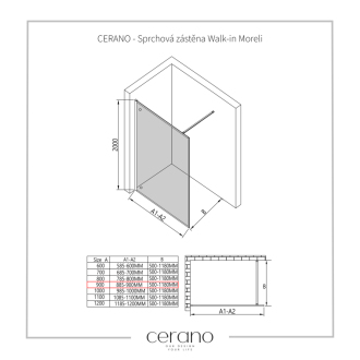 CERANO Sprchová zástena Walk-in Moreli L/P čierna matná, transp.sklo 90x200 cm CER-417608
