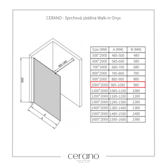 CERANO Sprch.zástena Walk-in Onyx L/P čierna mat., transp.sklo 100x200cm CER-DY101B-100-200