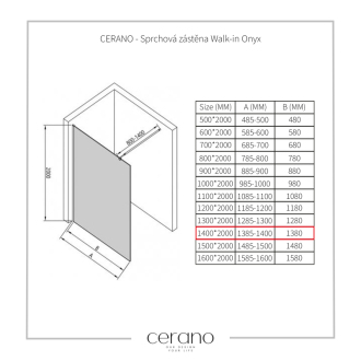 CERANO Sprchová zástena Walk-in Onyx L/P čierna matná, transp.sklo 140x200 cm CER-426373