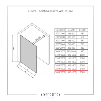 CERANO Sprchová zástena Walk-in Onyx L/P čierna matná, transp.sklo 150x200 cm CER-426376