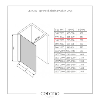 CERANO Sprch.zástena Walk-in Onyx L/P čierna matná, transp.sklo 70x200cm CER-DY101B-70-200