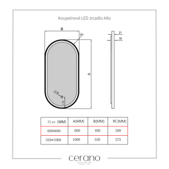 CERANO Kúpeľňové LED zrkadlo Alto, kovový rám čierna matná 40x60 cm CER-NT8144G-40X60
