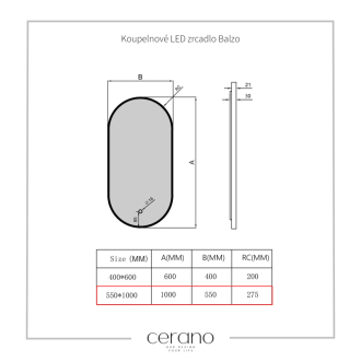 CERANO Kúpeľňové LED zrkadlo Balzo, kovový rám čierna matná 55x100 cm CER-NT8144H-55X100