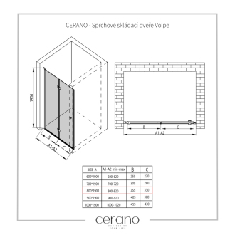CERANO Sprchové skladacie dvere Volpe L/P čierna matná, transp.sklo 80x190 cm CER-423328