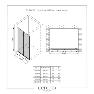 CERANO Sprchové skladacie dvere Volpe L/P chróm, transparentné sklo 70x190 cm CER-423294