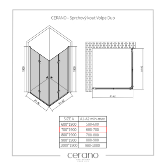 CERANO Sprchovací kút Volpe Duo L/P čierna matná, transp.sklo 70x70 cm skladacia CER-427378