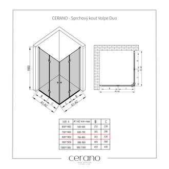CERANO Sprchovací kút Volpe Duo L/P čierna matná, transp.sklo 80x80 cm skladacia CER-427381