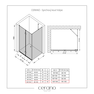 CERANO Sprchovací kút Volpe L/P čierna matná, transp.sklo 100x100cm skladacia CER-427348