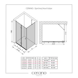 CERANO Sprchovací kút Volpe L/P čierna matná, transparentné sklo 70x80cm skladacia CER-427303