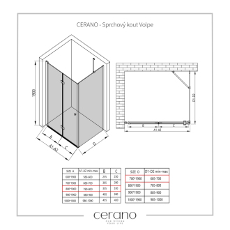 CERANO Sprchovací kút Volpe L/P čierna matná, transparentné sklo 80x70cm skladacia CER-427315