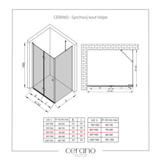 CERANO Sprchovací kút Volpe L/P čierna matná, transparentné sklo 80x80cm skladacia CER-427318