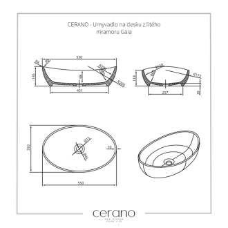 CERANO Umývadlo na dosku z liateho mramoru Gaia čierna matná 55x35 cm CER-WB12B