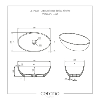 CERANO Umývadlo na dosku z liateho mramoru Luna čierna matná 52,8x30,9 cm CER-WB19B