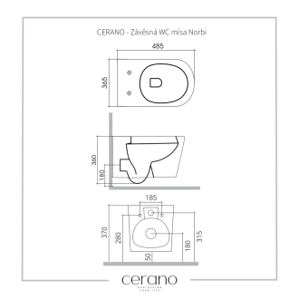 CERANO Závesná WC misa Norbi, Rimless + UF sedátko biela lesklá 36,5x48,5 cm CER-417380