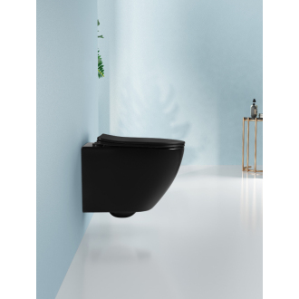 CERANO Závesná WC misa Verde, Rimless + UF sedátko čierna lesklá 36x49 cm CER-417347