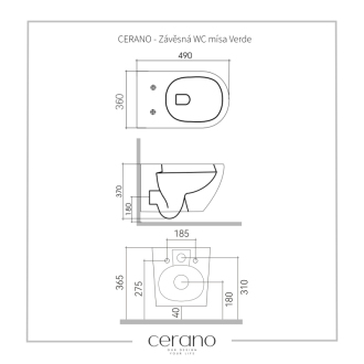 CERANO Závesná WC misa Verde, Rimless + UF sedátko čierna matná 36x49 cm CER-417350