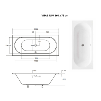 BESCO vaňa VITAE SLIM 160 (1600x750 mm), bez nožičiek VANVITAE160SLIM