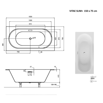BESCO vaňa VITAE SLIM PLUS 150 (1500x750 mm), bez nožičiek VANVIT15SLIMPLU