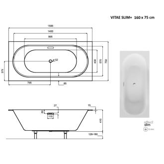 BESCO vaňa VITAE SLIM PLUS 160 (1600x750 mm), bez nožičiek VANVIT16SLIMPLU