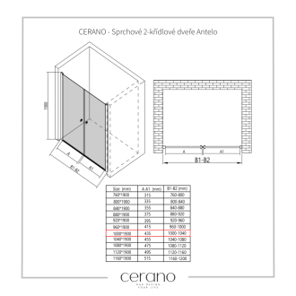 CERANO Sprchové 2-krídlové dvere Antelo L/P chróm, transparentné sklo 100x190cm CER-432325