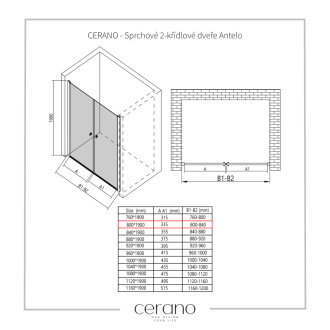 CERANO Sprchové 2-krídlové dvere Antelo L/P chróm, transparentné sklo 80x190 cm CER-432307