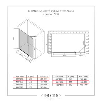 CERANO Sprchové krídlové dvere Antelo L/P čierna matná, transp.sklo 90x30 cm CER-435806