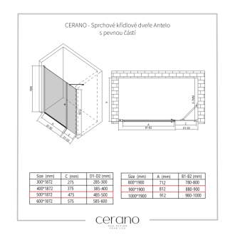 CERANO Sprchové krídlové dvere Antelo L/P čierna matná, transp.sklo 90x50 cm CER-435812