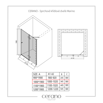 CERANO Sprchové krídlové dvere Marino L/P čierna matná, transp.sklo 100x190 cm CER-420243