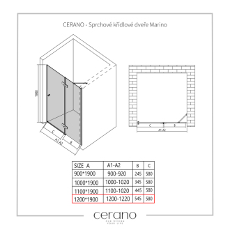 CERANO Sprchové krídlové dvere Marino L/P chróm, transparentné sklo 120x190 cm CER-420210