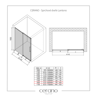 CERANO Sprchové posuvné dvere Lantono L/P chróm, transparentné sklo 160x195 cm CER-432034