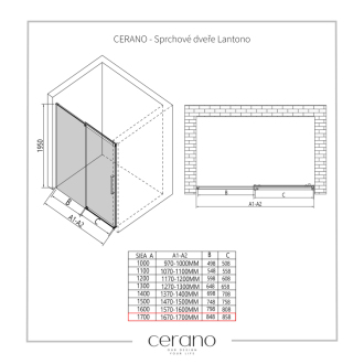 CERANO Sprchové posuvné dvere Lantono L/P chróm, transparentné sklo 170x195 cm CER-432037