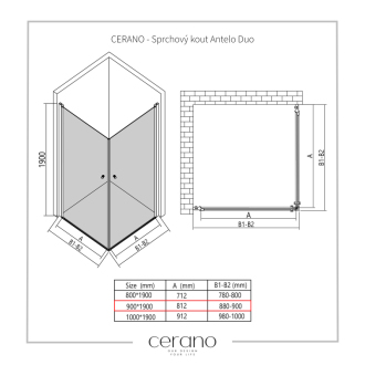 CERANO Sprchovací kút Antelo Duo L/P čierna matná, transp.sklo 90x90 cm krídlový CER-433278