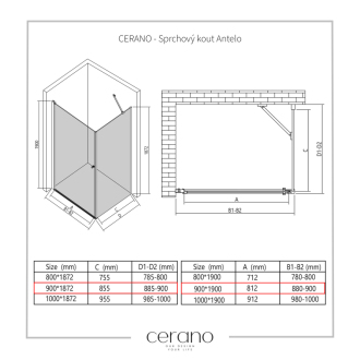 CERANO Sprchovací kút Antelo L/P čierna matná, transp.sklo 90x90 cm krídlový CER-434001